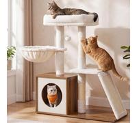 Feandrea Cat Tree, 3-Tier Cat Tower with Wooden Condo and Sisal Post | Indoor Cat House, 70 x 30 x 80 cm, Washable Cushions, Honey Brown and Rustic White, Caen Collection PCT302W201