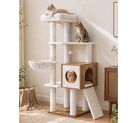 Feandrea Cat Tree, 5-Tier Modern Wooden Cat Tower, Sisal Scratching Post | Tall Cat Tree for Indoor Cats, 40 x 50 x 130 cm, Cat Condo, Honey Brown and Rustic White, CAEN Collection PCT304W201