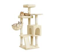 Feandrea Cat Tree, Cat Tower Condo with Scratching Posts and Ramp, 3 Large Beds, Cave, Basket, 2 Pompoms, 136 cm Tall, Summer Sand PCT012LF01