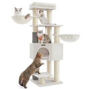Feandrea Cat Tree for Large Cats, Heavy-Duty Cat Tower with Warm Pads, 2 Self-Groomers, 9 Scratching Posts, Large Perch, Cave, Baskets, 50 x 50 x 160 cm, Cream White and Beige PCT003W02