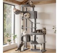Feandrea Cat Tree, Multi-level Tall Cat Tower for Large Cats, 105 x 45 x 202 cm, 6 Rest Areas, Sisal Scratching Posts and Board, Double Baseboard, Light Grey, Clawfy Collection PCT020G101