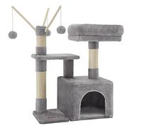 FEANDREA Cat Tree, Small Cat Condo, 72 cm, 3 Pompoms, Light Grey PCT121W01