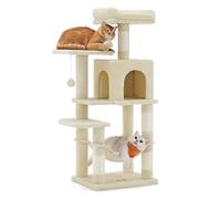 Feandrea Cat Tree Tower, 112 cm Multi-Level Plush Cat Condo with 4 Scratching Posts, 2 Perches, Cave, Hammock, Pompoms, Beige PCT261M01