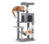 Feandrea Cat Tree Tower, 112 cm Multi-Level Plush Cat Condo with 4 Scratching Posts, 2 Perches, Cave, Hammock, Pompoms, Light Grey PCT261W01