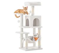 Feandrea Cat Tree Tower, 112 cm Multi-Level Plush Cat Condo with 4 Scratching Posts, 2 Perches, Cave, Hammock, Pompoms, Cream White PCT261T01