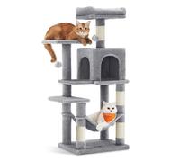 Feandrea Cat Tree Tower, 112 cm Multi-Level Plush Cat Condo with 4 Scratching Posts, 2 Perches, Cave, Hammock, Pompoms, Light Grey PCT261W01