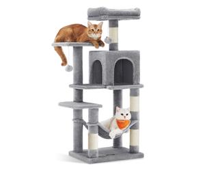 Feandrea Cat Tree Tower, 112 cm Multi-Level Plush Cat Condo with 4 Scratching Posts, 2 Perches, Cave, Hammock, Pompoms, Light Grey PCT261W01