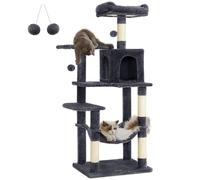Feandrea Cat Tree Tower, 143 cm Multi-Level Plush Cat Condo with 4 Scratching Posts, 2 Perches, Cave, Hammock, Pompoms, Smoky Grey PCT161G01