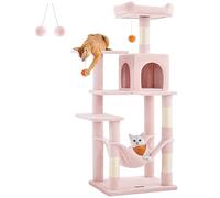 Feandrea Cat Tree Tower, 143 cm Multi-Level Plush Cat Condo with 4 Scratching Posts, 2 Perches, Cave, Hammock, Pompoms, Jelly Pink PCT161P01