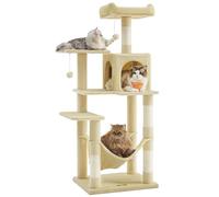 Feandrea Cat Tree Tower, 143 cm Multi-Level Plush Cat Condo with 4 Scratching Posts, 2 Perches, Cave, Hammock, Pompoms, Beige PCT161M01