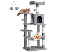 Feandrea Cat Tree Tower, 143 cm Multi-Level Plush Cat Condo with 4 Scratching Posts, 2 Perches, Cave, Hammock, Pompoms, Light Grey PCT161W01