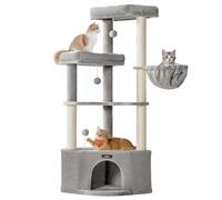 Feandrea Cat Tree Tower, 48.5 x 48.5 x 140.7 cm, Cat Condo with Large Cave, Large Perches, Scratching Posts, Pompoms, Basket, Dove Grey PCT009G01