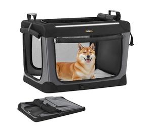 Feandrea Collapsible Dog Crate, Portable Pet Travel Crate for Medium Dogs, 76.2 x 53.4 x 53.4 cm, Oxford Fabric Pet Carrier with Mesh Doors, Storage Pocket, Ink Black PDC017B01