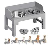Feandrea Dog Bowls Elevated, Raised Stand with 1 Slow Feeder and Two 304 Stainless Steel Bowls, Adjustable Height and Tilted Design, Dove Gray UPRB103GD01