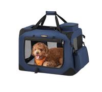 Feandrea Dog Crate, Collapsible Pet Carrier, M, Portable Soft Dog Crate, Oxford Fabric, Mesh, Metal Frame, with Handle, Storage Pockets, 23.6 x 16.5 x 16.5 Inches, Dark Blue UPDC60Z