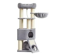 Feandrea Large Cat Tree, Cat Tower for Large Cats, 141 cm Cat Condo with Thick Scratching Posts, Perch, Tunnel, Removable Washable Cushions, Light Grey and Natural Colour PCT002N01