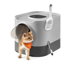 Feandrea PPT002B01 Cat Litter Tray XXL with Lid Extendable Tray Shovel Brush for Cats of Various Sizes Fewer Traces Dove Grey Slate Grey