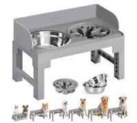 Feandrea Raised Dog Bowls with Stand, 1 Slow Feeder and Two 304 Stainless Steel Bowls, Adjustable Height and Tilted Design, Dove Grey