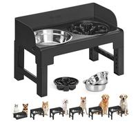 Feandrea Raised Dog Bowls with Stand, 1 Slow Feeder and Two 304 Stainless Steel Bowls, Adjustable Height and Tilted Design, Ink Black PRB103B01
