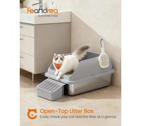 Feandrea Stainless Steel Cat Litter Box, High Sided Litter Tray With Open Top, Step, Scoop, Brush, For Cats Up To 15 Kg