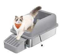 Feandrea Stainless Steel Cat Litter Box, High Sided Litter Tray with Open Top, Step, Scoop, Brush, for Cats up to 15 kg, Slate Grey PPT008GN01