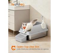 Feandrea Stainless Steel Cat Litter Box, High Sided Litter Tray With Open Top, Step, Scoop, Brush, For Cats Up To 15 Kg, Dove Grey