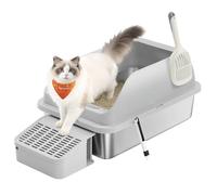 Stainless steel cat litter box with high sides and step, Dove Grey