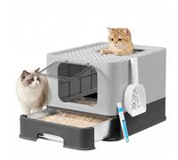 Feandrea Stainless Steel Cat Litter Box, Litter Tray with Pull-Out Drawer, Scoop, Brush, 2 Entrances, for Cats up to 15 kg, Charcoal Grey and Dove Grey PPT004B101