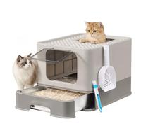 Feandrea Stainless Steel Cat Litter Box, Litter Tray with Pull-Out Drawer, Scoop, Brush, 2 Entrances, for Cats up to 15 kg, Light Grey and Dark Grey PPT004G101
