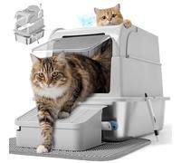 Feandrea Stainless Steel Cat Litter Box with Flip Lid, Enclosed Cat Litter Tray with 2 Entrances, Scoop, Brush, for Cats up to 15 kg, Light Grey PPT021G101