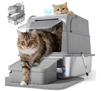 Feandrea Stainless Steel Cat Litter Box with Flip Lid, Enclosed Cat Litter Tray with 2 Entrances, Scoop, Brush, for Cats up to 15 kg, Dove Grey PPT021G201