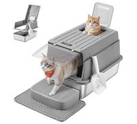 Feandrea Stainless Steel Cat Litter Box with Flip Lid, Scoop, Litter Mat, 2 Doors, for Cats up to 15 kg, Dove Grey PPT007GN01