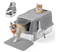 Feandrea Stainless Steel Cat Litter Box with Flip Lid, XL Enclosed Litter Box with Leak-Proof Design, Scoop, Brush, Dual Entry, for Cats up to 15 kg, Dove Grey PPT005G01