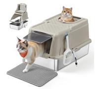 Feandrea Stainless Steel Cat Litter Box with Flip Lid, XL Enclosed Litter Box with Leak-Proof Design, Scoop, Brush, Dual Entry, for Cats up to 15 kg, Cappuccino Beige PPT005K01