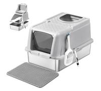 Feandrea Stainless Steel Cat Litter Box with Flip Lid, XL Litter Box with Leak-Proof Design, Scoop, Brush, Dual Entry, for Cats up to 15 kg, Light Grey PPT005G201