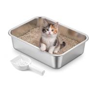 Feandrea Stainless Steel Litter Box, Open Top Cat Litter Tray with Scoop, Silver, 40 x 30 x 10 cm for Kittens, Small Cats PPT013E101