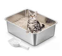 Feandrea Stainless Steel Litter Box, Open Top Cat Litter Tray with Scoop, Silver, 45 x 35 x 15 cm for Kittens, Small Cats PPT014E101