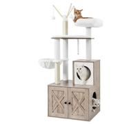 FEANDREA WoodyWonders with Litter Box Enclosure Cat Tree, 58×50×140cm, Greige