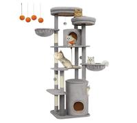 Feandrea XXL Cat Tree, 196 cm Tall Cat Tower, Multi-Level Plush Cat Condo with 2 Perches, 3 Caves, 2 Baskets, 5 Scratching Posts, 4 Pompoms, Self-Groomers, for Indoor Cats, Light Grey PCT153W01