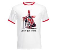 Fear No More Warrior Monks England Flag Saint George Patriotic Graphic Print Style Unisex Adult Crew Neck T-Shirt(XL, White/Red)
