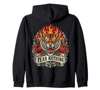 FEAR NOTHING Roaring Tiger Vintage Flames Roses Graphic Zip Hoodie