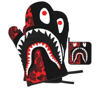 Fearful red and black teeth Printed Oven Mitts and Pot Holders Heat Resistant Set of 3 Pcs, Modern Kitchen Gloves & Potholders for Cooking Baking Grilling