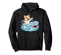 Fearless Cat Riding a Shark Funny Cartoon Design Pullover Hoodie