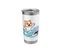 Fearless Cat Riding a Shark Funny Cartoon Design Stainless Steel Insulated Tumbler