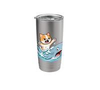 Fearless Cat Riding a Shark Funny Cartoon Design Stainless Steel Insulated Tumbler