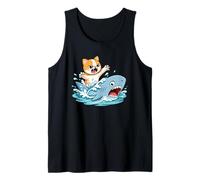 Fearless Cat Riding a Shark Funny Cartoon Design Tank Top