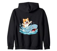 Fearless Cat Riding a Shark Funny Cartoon Design Zip Hoodie