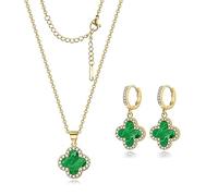 Feasnow Lucky Clover Necklace and Hoop Earrings Set Black White Green Pendant 18K Gold Plated Cute Jewelry for Women Girls Lucky Charm 18 Gold Plated