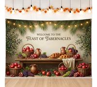 Feast of Tabernacles Harvest Quote Pomegranate Backdrop Banner 71x43 Inch | Rustic Harvest Aesthetic, Photo Backdrop, Traditional Holiday Signage, Wicker Basket Accents, Mediterranean Fruit Motif