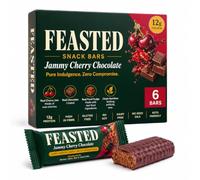 FEASTED Jammy Cherry Chocolate Conscious Gut Health Bars | High Fibre Prebiotic, Vegan Protein Bars, No Sugar Alcohols, Gluten Free, Real Chocolate, 12g Plant Protein, Made in UK, 6 Pack x 50g